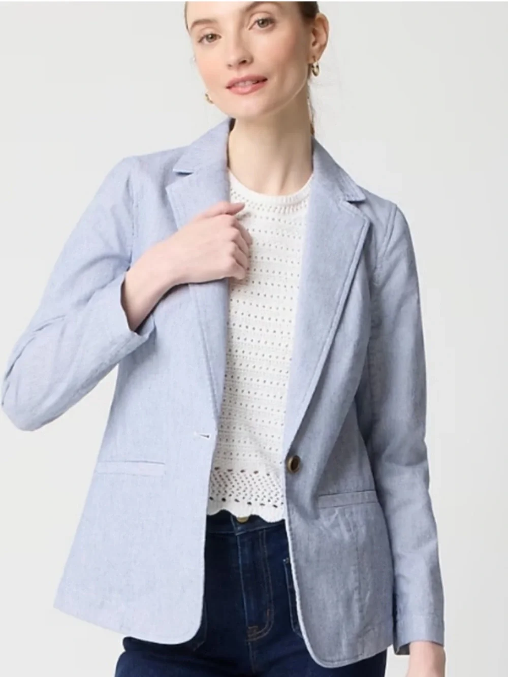 J. Crew Blue Striped Cotton Linen Blend Relaxed Stretch One Button Blazer 14 - Picture 1 of 10